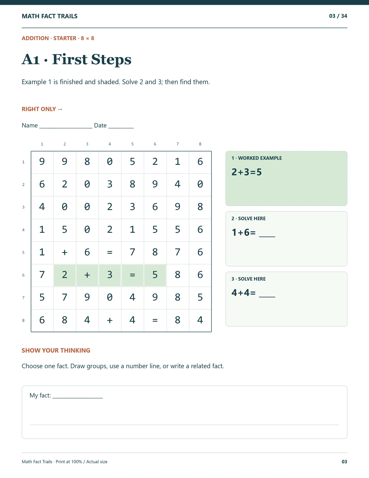 Actual addition number-search page from Math Fact Trails