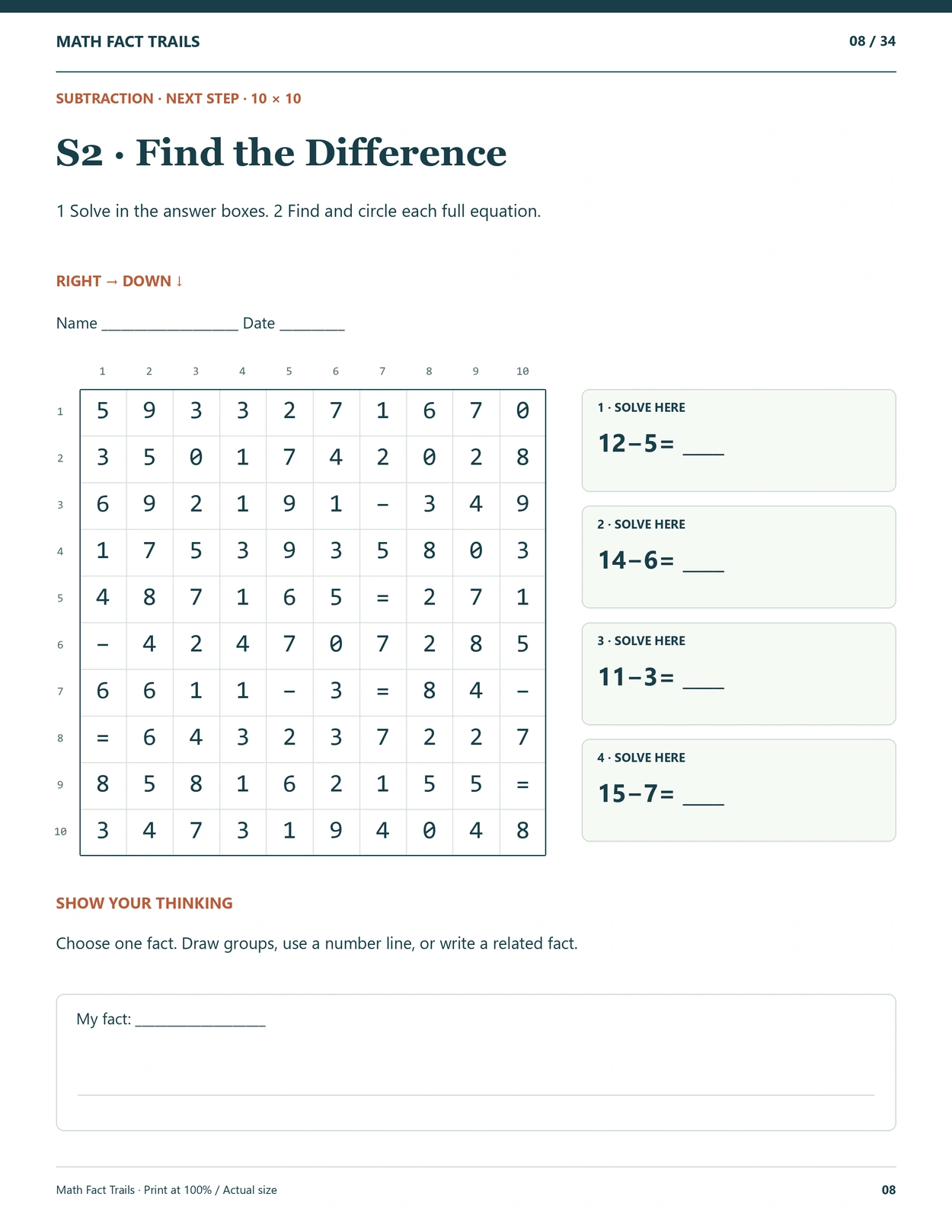 Actual subtraction number-search page from Math Fact Trails