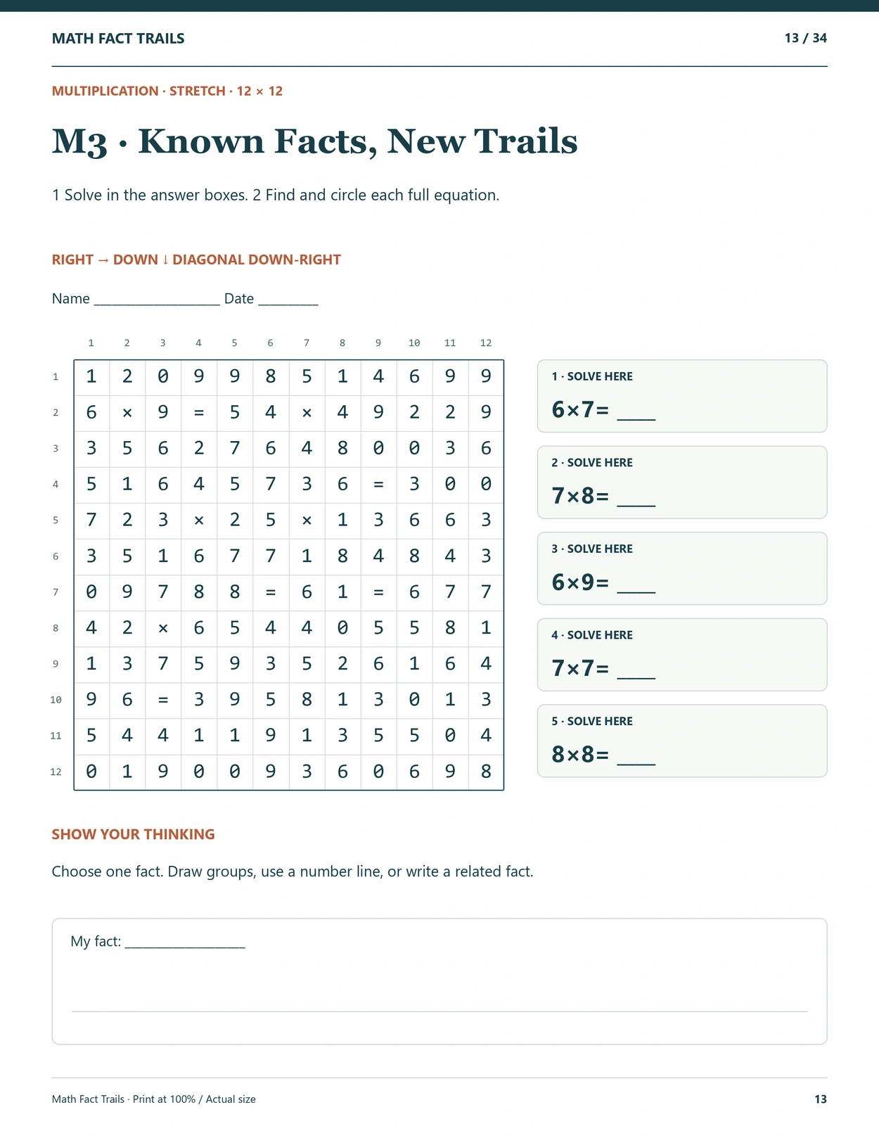 Actual multiplication number-search page from Math Fact Trails