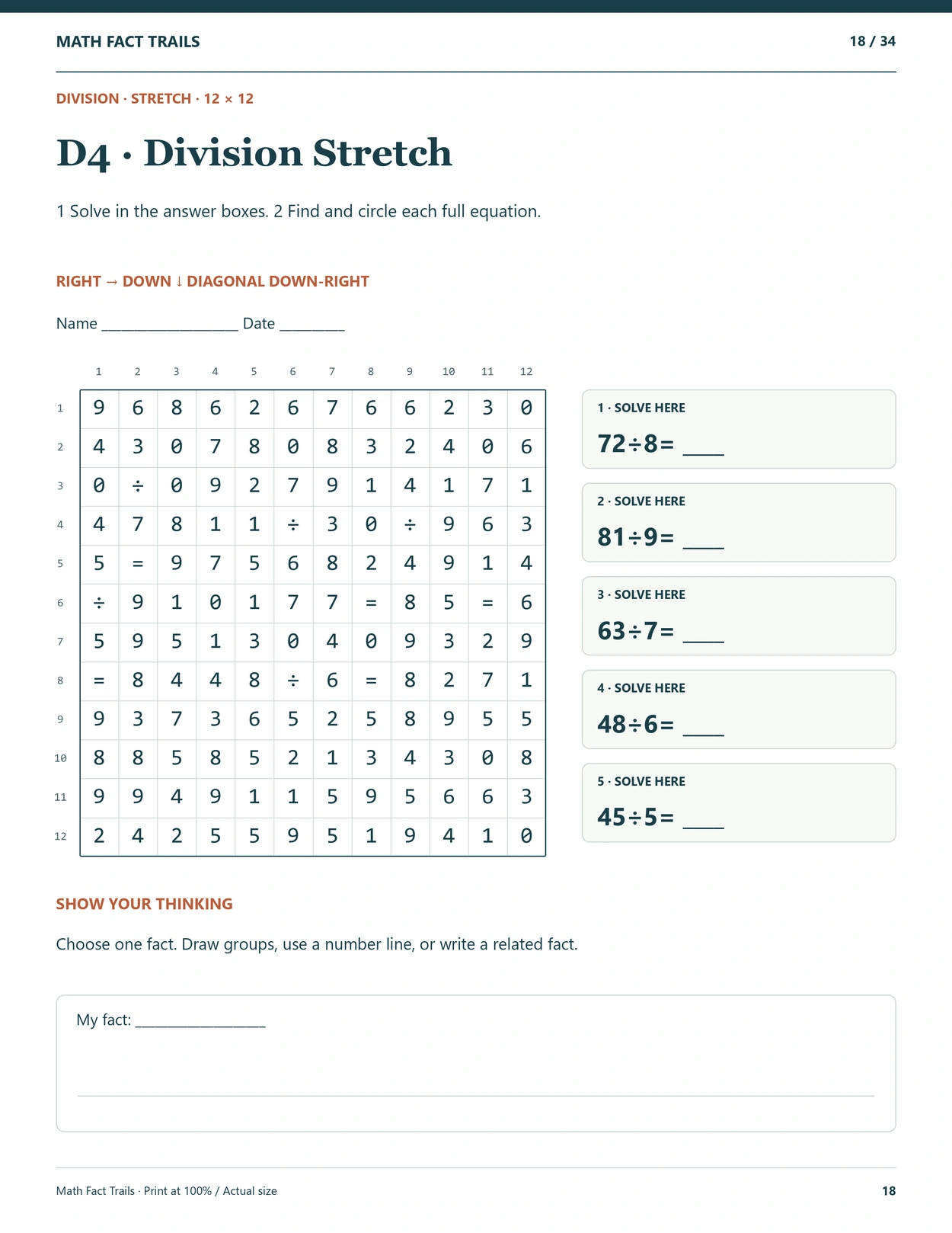 Actual division number-search page from Math Fact Trails